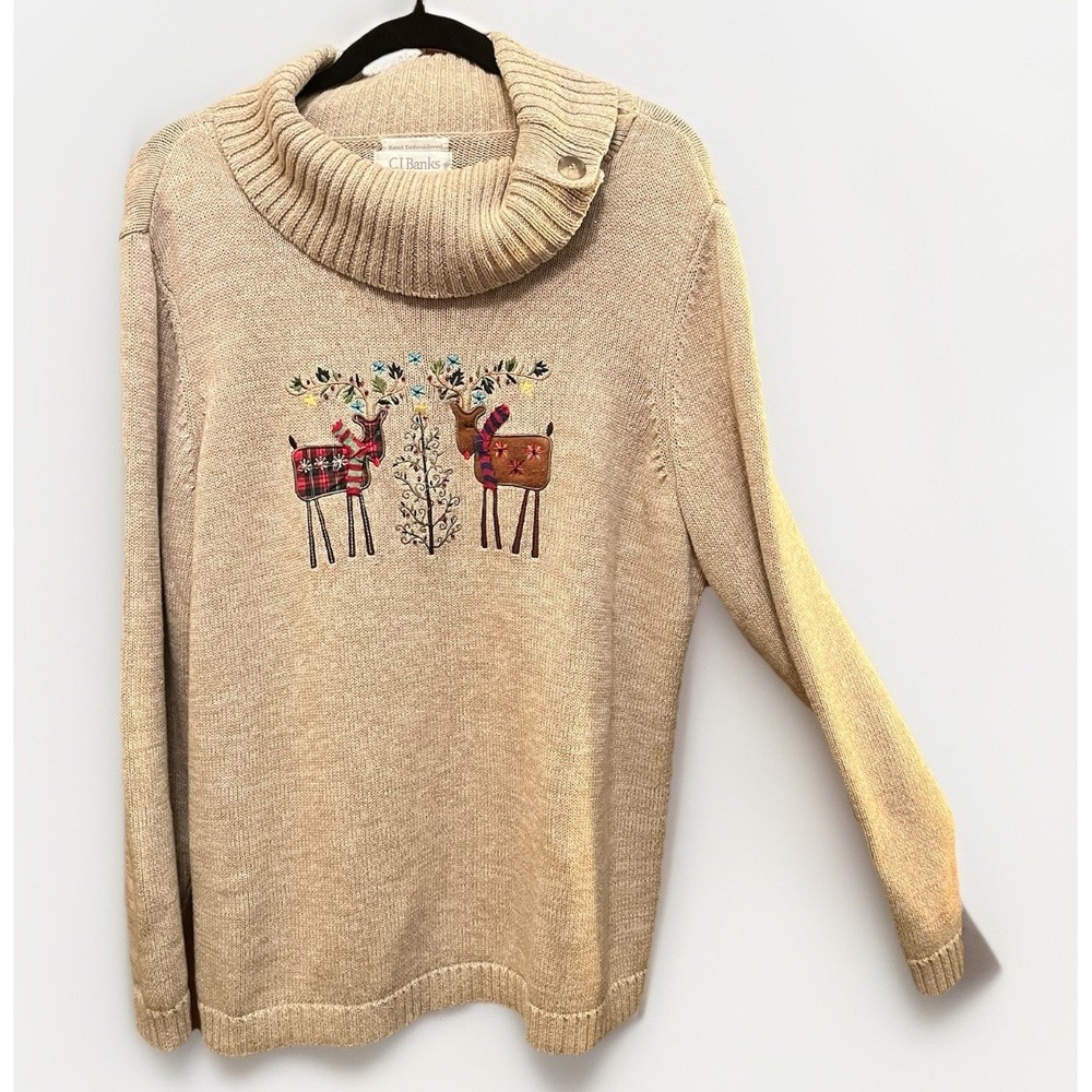 CJ‎ Banks 1X Plus Cowl Neck Sweater Hand Embroidered Reindeer Christmas Holiday